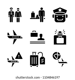 9 Airport icons vector set. woman, sunrise, caucasian and international illustration for web.