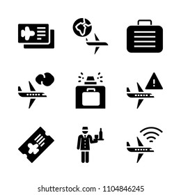 9 Airport icons vector set. barcode, jetliner, set and blue illustration for web.