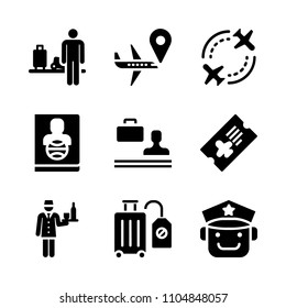 9 Airport icons vector set. airhostess, vehicle, check and aircraft illustration for web.