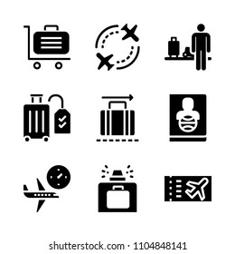9 Airport icons vector set. lost, document, belt and atmosphere illustration for web.