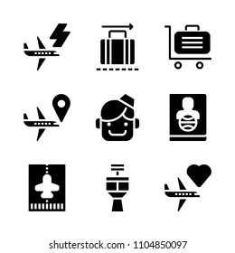 9 Airport icons vector set. flat, vintage, traveler and interior illustration for web.