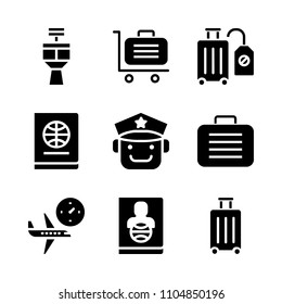 9 Airport icons vector set. job, female, page and documentation illustration for web.