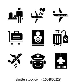9 Airport icons vector set. lounge, success, page and paper illustration for web.