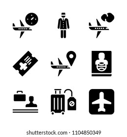 9 Airport icons vector set. international, legal, seat and traveler illustration for web.