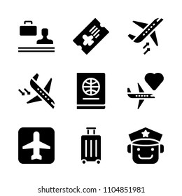 9 Airport icons vector set. chair, fly, background and train illustration for web.