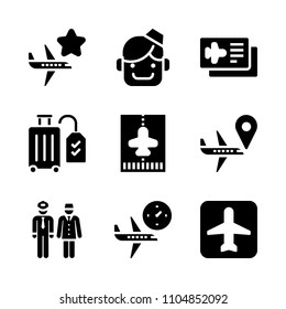 9 Airport icons vector set. adult, sunset, hostess and woman illustration for web.