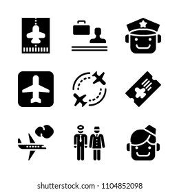 9 Airport icons vector set. holiday, happy, destination and employee illustration for web.