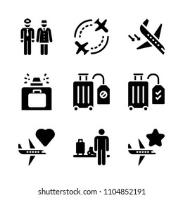 9 Airport icons vector set. voyage, destination, advertising and briefcase illustration for web.