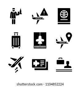 9 Airport icons vector set. page, passenger, tour and open illustration for web.