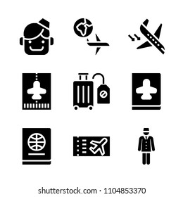 9 Airport icons vector set. female, transportation, cabin and attractive illustration for web.