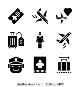 9 Airport icons vector set. male, ticket, handle and illustration illustration for web.