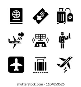 9 Airport icons vector set. travel, window, airline and united illustration for web.