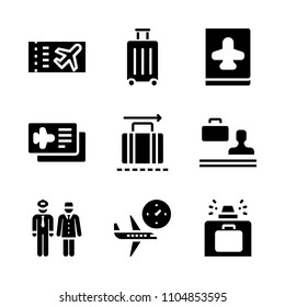 9 Airport icons vector set. sign, suitcase, travelling and piloting illustration for web.