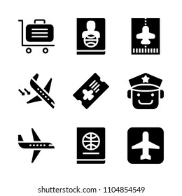 9 Airport icons vector set. stamp, advertising, terminal and man illustration for web.