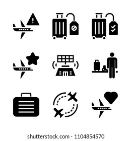 9 Airport icons vector set. jetliner, arrival, traveler and turbine illustration for web.
