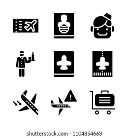 9 Airport icons vector set. crew, coupon, passenger and page illustration for web.