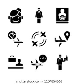 9 Airport icons vector set. assistant, trip, departure and male illustration for web.