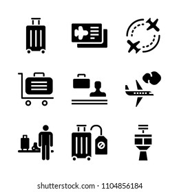9 Airport icons vector set. arrival, vector, control and retro illustration for web.