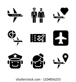 9 Airport icons vector set. silhouette, uniform, success and officer illustration for web.