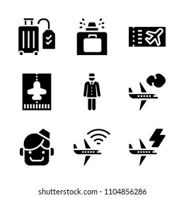 9 Airport icons vector set. trip, summer, commercial and tourism illustration for web.