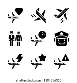 9 Airport icons vector set. design, silhouette, transport and bag illustration for web.