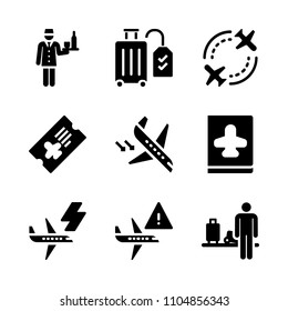 9 Airport icons vector set. tourism, luggage, concept and jet illustration for web.