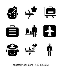 9 Airport icons vector set. silhouette, woman, illustration and traveler illustration for web.
