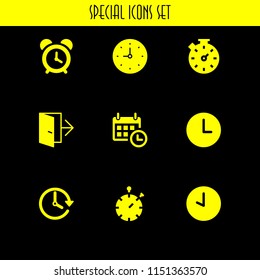 9 alarm icons in vector set. exit, calendar with a clock time tools, clock and stopwatch illustration for web and graphic design