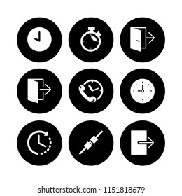 9 alarm icons in vector set. stopwatch, security system, exit and time left illustration for web and graphic design