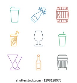 9 alcohol icons. Trendy alcohol icons white background. Included line icons such as drink, wine glass, Cocktail, barrel, opened champagne. alcohol icon for web and mobile.