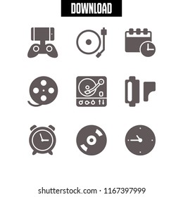 9 analog vector icon set with film roll, calendar times, turntable and clock icons for mobile and web
