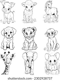 9 animals , a colouring book for kids, easy to colour, vector illustration, Vector, Annimals