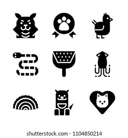 9 Animals icons vector set. serpent, meal, plant and paws illustration for web.