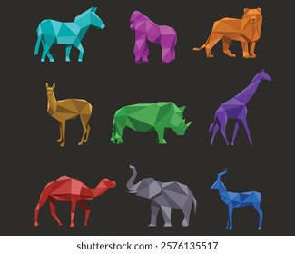 9 animals poly vector , roe,lion,rhino,camel,elephant,gorilla and giraffe.