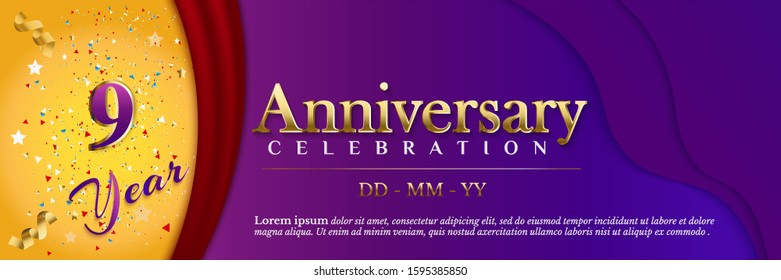 9 Anniversary celebration banner template with ribbon and red curtain on luxury purple paper cut background
