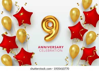 9 Anniversary celebration Number in the form star of golden and red balloons. Realistic 3d gold numbers and sparkling confetti, serpentine. Vector illustration.