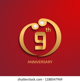 9 anniversary design golden style color with red background for use celebration event, invitation and greeting card