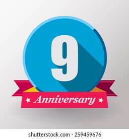 9 Anniversary label with ribbon. Flat design.