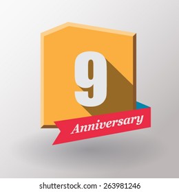 9 Anniversary   label with ribbon. Flat design.