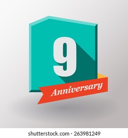 9 Anniversary   label with ribbon. Flat design.
