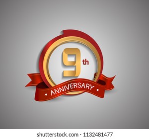 9 anniversary logotype elegant circle golden and red color red ribbon isolated on white background for use company celebration event