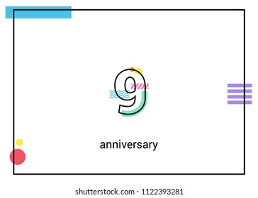 9 Anniversary simple black line with memphis ornaments isolated on white background