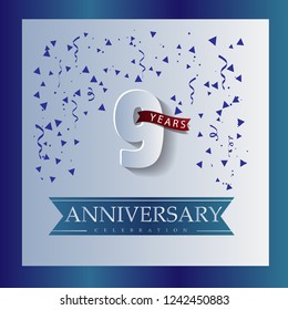 9 Anniversary template design white and blue color with a bright blue background