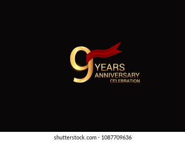 9 anniversary vector design golden colored with red ribbon isolated on black background