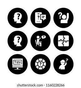 9 answer icons in vector set. jigsaw, online question, question and human head with a question mark inside illustration for web and graphic design