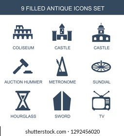 9 antique icons. Trendy antique icons white background. Included filled icons such as Coliseum, castle, auction hummer, metronome, sundial, hourglass. antique icon for web and mobile.