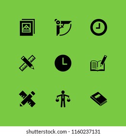 9 antique icons in vector set. scale, clock, book and photo illustration for web and graphic design
