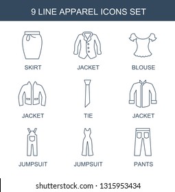 9 apparel icons. Trendy apparel icons white background. Included line icons such as skirt, jacket, blouse, tie, jumpsuit, pants. apparel icon for web and mobile.