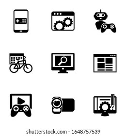 9 application filled icons set isolated on white background. Icons set with Mobile game, Website optimization, NPC, rental period, analytics app, front end, Game streaming icons.