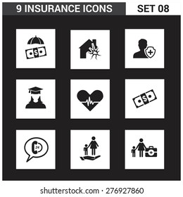 9 application Insurance Icons set. Flat Icon Design